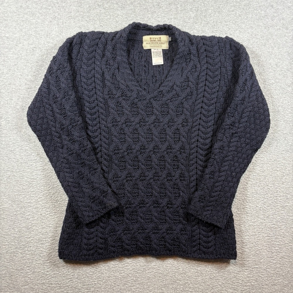 Aran Sweater Market Wool Cable Knit Fisherman Sweater Womens S Navy Blue V-Neck